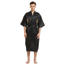 Mens Robe Chinese Silk Embroidered Dragon Pattern Kimono Bathrobe Yukata Pajamas with Waistband and Pockets (Black)