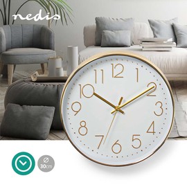 Nedis White Wall Clock for Livingroom, Kitchen or Bedroom, 30cm Diameter Glass Analogue Wall Clock with Easy to Read Numbers Golden