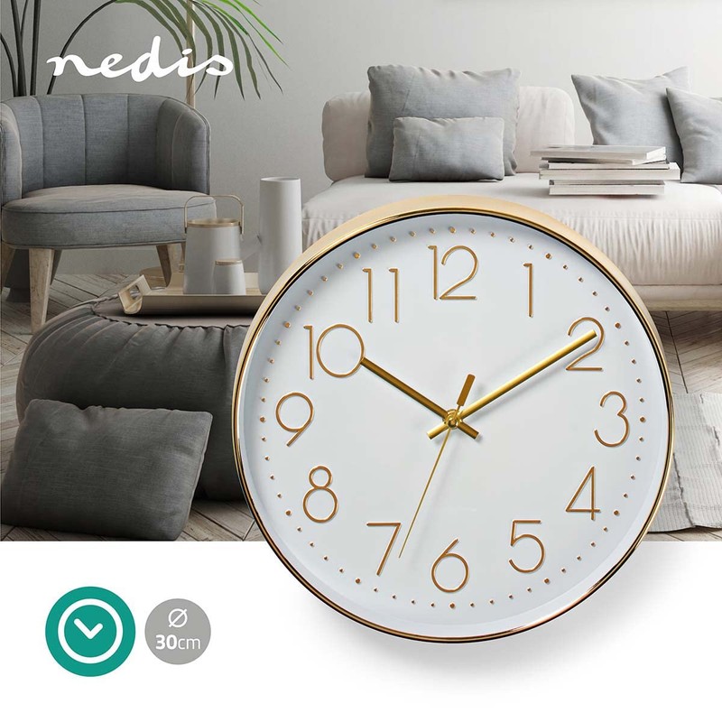 Nedis White Wall Clock for Livingroom, Kitchen or Bedroom, 30cm
