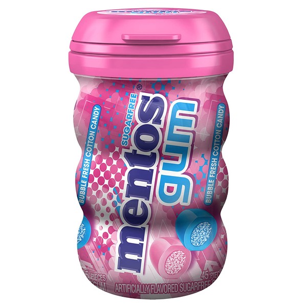 Mentos Sugar-Free Chewing Gum, Bubble Fresh Cotton Candy, Stocking Stuffer, Gift, Holiday, Christmas, 45 Piece Bottle