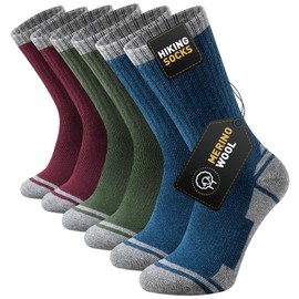 Stoeury Cushioned Walking Hiking Socks Men, Anti Blister Merino Wool Socks, Breathable Wool Crew Sports Work Running Sock 3 Pairs, Multicolor 13-15