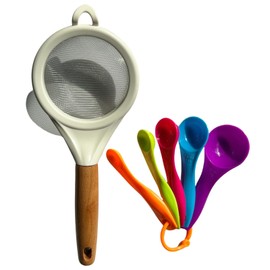 Food Strainers-Premium Kitchen Utensil Set with Stainless Steel Mesh Strainer, Wooden Handle, Colorful Measuring Spoons, 6 Piece