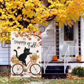 Louise Maelys Welcome Fall Garden Flag 12x18 Double Sided, Small Burlap Autumn Black Cat Bicycle Garden Flag Fall Thanksgiving Outside Outdoor House Yard Decoration (ONLY FLAG)