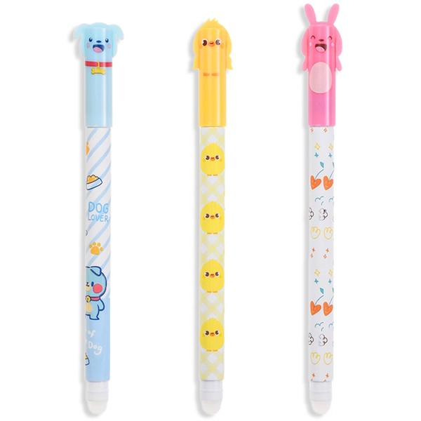Pack of 3 Erasable Gel Pens Black Ink Cute Cartoon