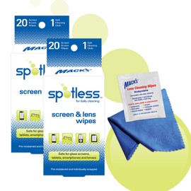 Mack's Spotless Screen and Lens Wipes - 2 Packs of 20 Pre-Moistened Lens Cleaning Wipes Plus Soft Cleaning Cloth for Glass Screens, Cell Phones, Laptops and Eyeglasses