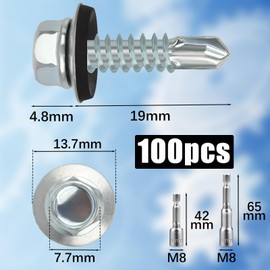 100PCS Roofing Screws with Rubber Washers 4.8x19mm Hex Head Self Tapping Screws und 2 M8 Hex Socket Bits Tech Screw for Metal Zinc Plated Corrugated Roofing Cladding Steel Screw for Tin Roof