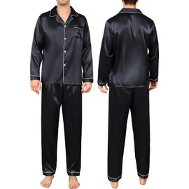 AprBean Satin Silky Men's Pajama Sets Big and Tall Long Sleeve Classic Sleepwear with Pockets Long Pants Lounge Set Pj Set Loungewear(A-KJ2001,3X-Large)