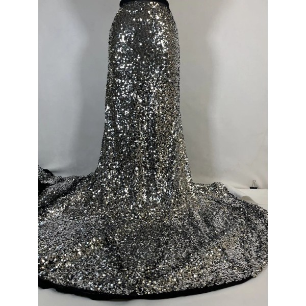 SILVER Sequin/Sheer Stretch Black Mesh on Silver Sequin/Sequin for Prom-Per