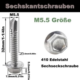 Fajoeda 5.5 x 32 mm Hexagonal Self-Drilling Screws, 40 Pieces 410 Stainless Steel Self-Tapping Screws with Plastic Washers High-Strength Fast Sheet Metal Screws (16 mm to 38 mm Available)