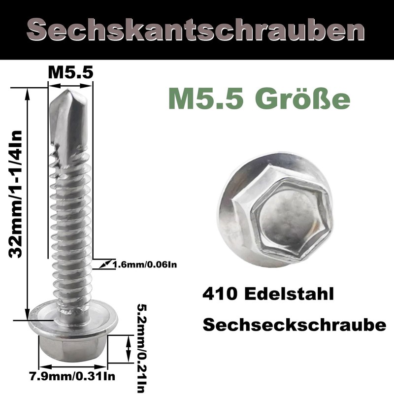 Fajoeda 5.5 x 32 mm Hexagonal Self-Drilling Screws, 40 Pieces