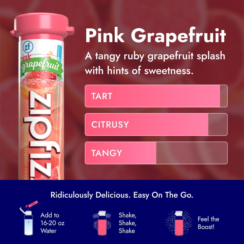 Zipfizz Daily Energy Drink Powder, Pink Grapefruit, 20 Pack |