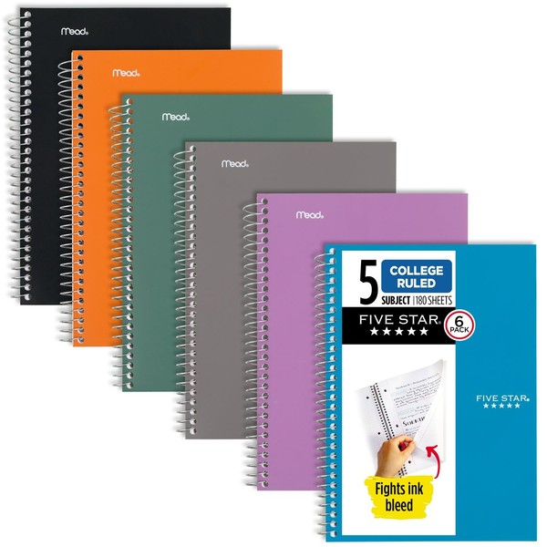 Five Star Small Spiral Notebooks, 6 Pack, 5 Subject, College Ruled Paper, 180 Sheets, Small, 9-1/2" x 6", Amethyst Purple, Sedona Orange, Seaglass Green, Tidewater Blue, Gray, Black (73527)