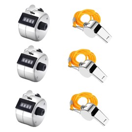 Accfore 3 Pieces Metal Hand Counter 4 Digit Number Counter Clicker Counter Mechanical Counter Clicker Pitch Counter for Coaching Knitting People Round Fishing Golf and Rudder (with 3 Whistles)