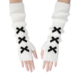Feelorna Women's Arm Warmers, Y2K Cute Bow Arm Gloves Fashion Long Fingerless Gloves Winter Warm Arm Sleeves with Thumb Hole (White)