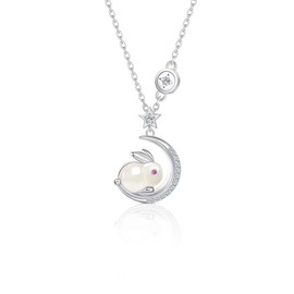IMINI Rabbit Moon Pendant Necklace for Women Girls Cubic Zirconia Artificial Jade Bunny Animal Adjustable Choker Chain Necklaces Delicate Cute Easter Birthday Holiday Jewelry Gift 18 inch (Silvery)