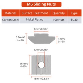 GETLITOOL Pack of 100 Slot Nuts Slot 8, Series 3030 M6 Sliding Nuts T Nut Heavy B Type Nut 8 M6 Carbon Steel Thread, T-Nut Hammer Nut for Aluminium Profile Extrusion Slot Standard 30 Series
