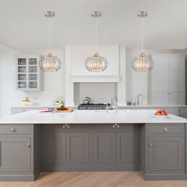 XSDeTu Brushed Nickel Pendant Light Fixtures, Modern Crystal Hanging Ceiling Light, Farmhouse Small Chandeliers, Metal Cage Pendant Lighting, Adjustable Pendant Lights Kitchen Island, Hallway