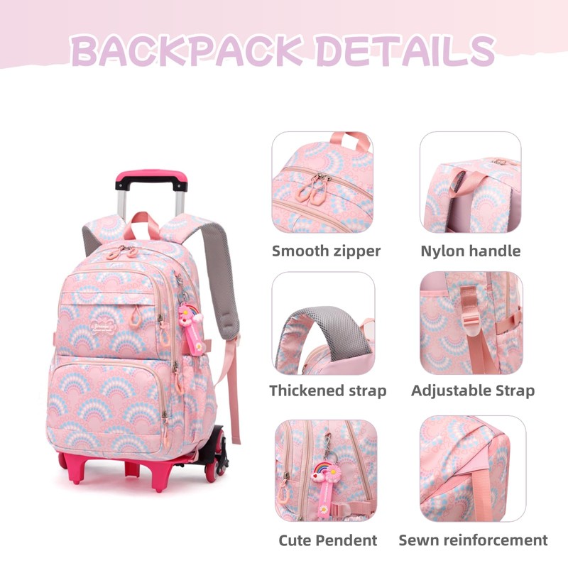 3Pcs Girls Rolling Backpack Kids Bookbag with Wheels Set Elementary