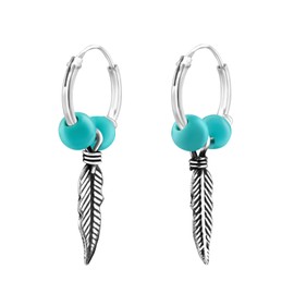 Turquoise Dangling Feather Charm Sterling Silver Sleeper Hoop Earrings - Size: 12mm