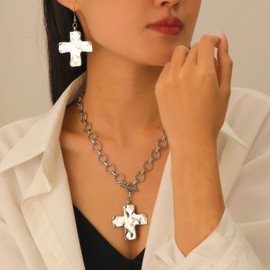 YueYueLoove Chunky Silver Cross Necklace Earrings Set for Women Cross Pendant Statement Hammered Bold Cross Necklace Earrings Set Vintage Toggle Clasp Jewelry (Silver)