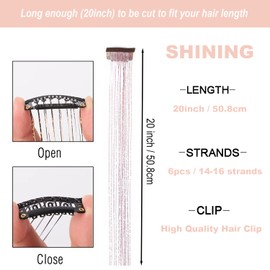 47" Holographic Hair Tinsel Shining Gold Professional Sparkle Heat-Resistant Silk Extensions, Hair Accessories for Girls, Party Hair, Gifts for Girls (6PCs Clip in Hair Tinsel Kit, Shining Pink)