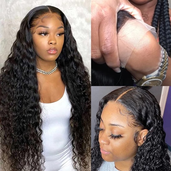 ISEE Hair Transparent Lace Front Wigs Human Hair Deep Wave Brazilian 150% Density Deep Curly 13X4 Lace Front Human Hair Wigs for Black Women Virgin Hair Wigs Pre Plucked with Baby Hair Natural Color (16 Inch, Deep Wave Wigs)