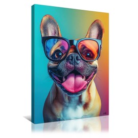 vandlife Funny Dog Canvas Wall Art Adorable French Bulldog Portrait with Glasses Prints Colorful Modern Pet Decor for Living Room Office Kids Bedroom Framed 12x16in