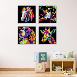 MXJSUA 4 Pack Framed Cute Animals Paint by Numbers for Kids Ages 6-12, Cat Dog Horse Giraffe Paint by Number Kits for Children Beginner, Acrylic Oil Painting for Home Wall Decor (8x8inch)