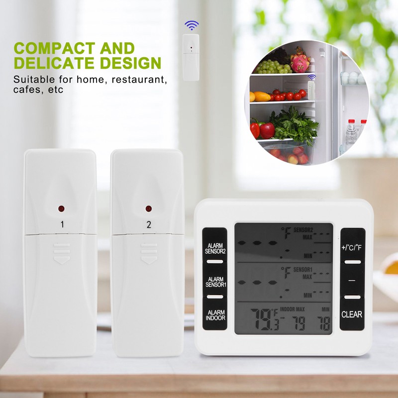 Refrigerator Thermometer Wireless Indoor LCD Digital Freezer Alarm Thermometerwith 2