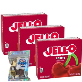 Jell-O Gelatin Dessert Mix - 3 oz Boxes (Pack of 3) - With Candy Freezer Freeze Dried Ice Cream Bites (Cherry) - Candy