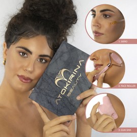 ATOKIRINA Anti-Ageing Beauty Kit - Anti-Aging Serum Hyaluronic Acid 3P Pure Facial Roller + GuaSha Natural Stones Facial Massager for Face and Eyes - Made in Italy (Rose Quartz Box)