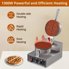 GarveeHome Waffle Maker Commercial Waffle Maker Machine 110V 1300W Non-stick Waffle Iron Maker Stainless Steel Round Commercial Waffle Maker for Restaurant