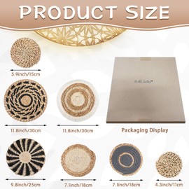 CroBlissful 7 Pcs Boho Wall Basket Decor Hanging Handcrafted Seagrass Woven Round Bohemian Basket Wall Decoration Art for Farmhouse Home Room Rustic Decorations Table, Multi Sizes(Classic)