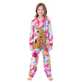 INTIMO Scooby-Doo Girls' Tie-Dye Flower Power Union Suit Footless Sleep Pajama (10/12) Multicolored