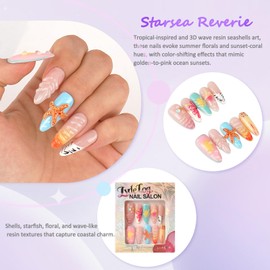 Handmade Press on Nails with Glue, Tropical Medium-Long Almond Shape with 3D Wave Resin Seashells Art, Summer Florals, Sunset-coral 10ps(Starsea Reverie- M)