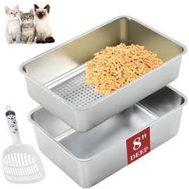 LOYIM 23. 6" x 15. 7" x 8" Stainless Steel Sifting Litter Box for Wood Pine Pellets, Two Pan Set, Sifting Cat Litter Box XL Metal Sifter Pan with Scoop for Odor Control, Easy to Clean, Anti Leakage