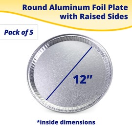 IDL Packaging 12" Flat Aluminum Foil Plate with Ornament (Pack of 5) - Round Aluminum Foil Tray with Raised Sides - Disposable Caterware for Catering, Party Servings, Food Presentations