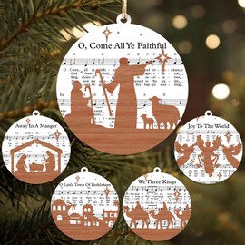DECORLUXES Set 5 Christian Christmas Tree Ornaments 3.1" - Rustic Wooden The Nativity Scene Story Set Cross Ornaments, Music Sheet Christian Gifts, Religious Jesus Decoration