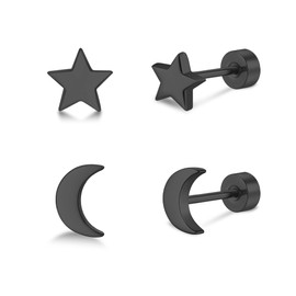 FACOKO Flat Back Earrings for Women, 2 Pairs Star and Moon Earring, Black Titanium Screwback Earrings for Multiple Pierced Ears, Hypoallergenic Stud Sensitive Ears, 5mm Black Stud Men