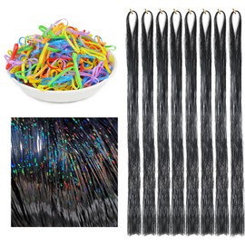 Hair Tinsel Extensions Black Colorful Glitter Tinsel Hair Kit Heat Resistant 42 Inch Sparkling Fairy Hair Accessories for Women Kids Girls 8 Pcs