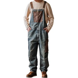 Rexcyril Men's Baggy Denim Bib Overalls Vintage Contrast Distressed Work Dungarees Sloppy Coveralls with Big Pockets, Blue, 30