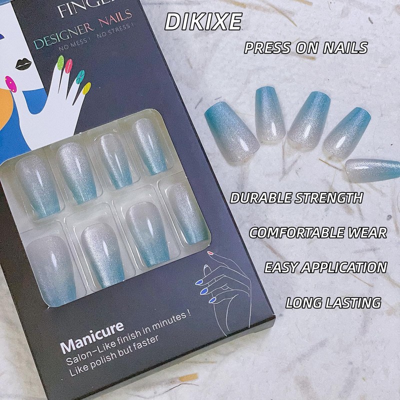 Dikixe Sky Blue Shimmer Cat Eye Medium Coffin Press On
