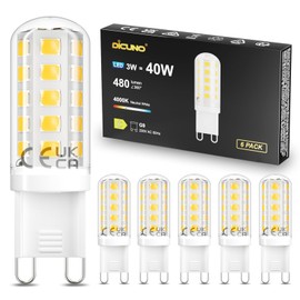 DiCUNO G9 LED 3 W, neutral white 4000 K, replaces 30 W-40 W halogen bulb, 480 lm, ultra-efficient LED bulb, energy efficiency class C, flicker-free, non-dimmable, pack of 6
