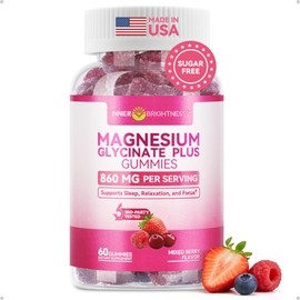 Magnesium Glycinate Plus Gummies 860mg, Sugar-Free, Non-GMO, Gluten-Free, Magnesium Gummies for Adults & Kids, Sleep, Relaxation & Focus, Magnesium Supplement for Women, Mixed Berry Flavor, 60 Count