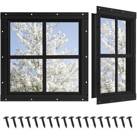 NOTASA Shed Windows 2 Pack, Chicken Coop Windows 12" x 12" with Tempered Glass, Square Gable Flush Mounted Small Window for Shed, Playhouse, Household, Garage (Black)