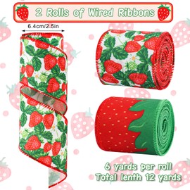 2 Rolls Red Strawberry Wired Edge Ribbon, 12 Yards Strawberry Pattern Ribbons Red Strawberries Decorative Ribbon for Summer Party Decoration Fruit Themed Bow Wreath Making DIY Crafts