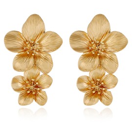 Gold Flower Earrings Double Flower Gold Statement Earrings for Women, Hypoallergenic Gold Floral Earrings Large Gold Earrings for Women Boho Jewelry Gift