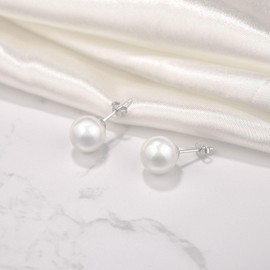 DALARAN Sterling Silver White Pearl Stud Earrings for Women Hypoallergenic Earrings 4/5/6/7/8/9/10 mm, Sterling Silver, Pearl
