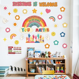 VABAMNA Retro Bulletin Board Decorations Groovy Classroom Decor, 35Pcs Everyone is Welcome Classroom Positive Motivational Inspirational Affirmation Wall Decor Boho Rainbow Cutouts for School Supplies