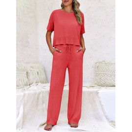 Fisoew Womens 2 Piece Outfits Sweater Sets Knit Split Crop Tops High Waisted Pants Lounge Set